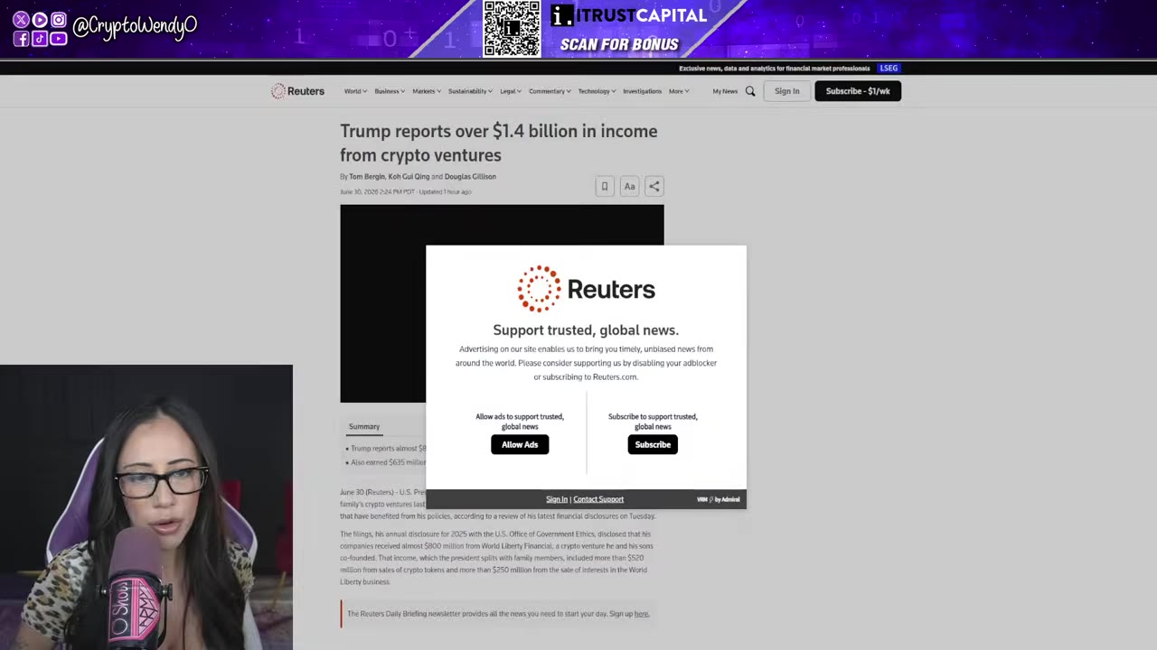 Холдинги Трампа в криптовалютах показали доход в 1,4 миллиарда долларов