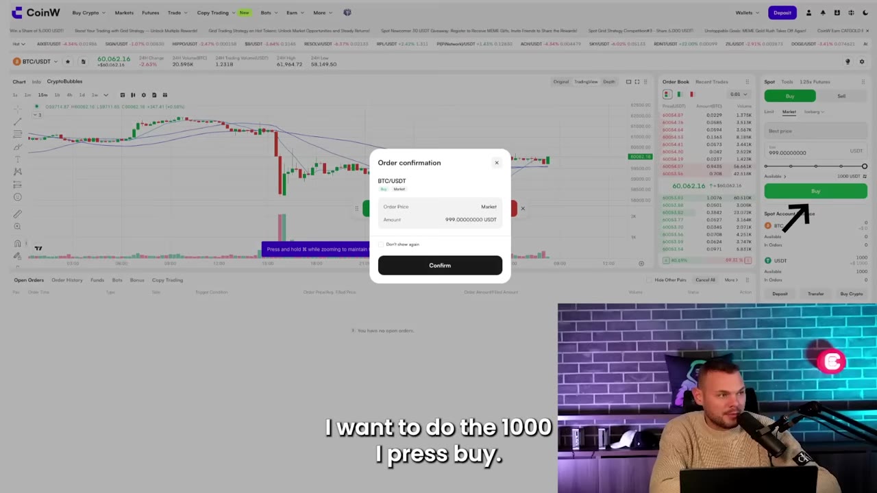 Как внести и торговать Bitcoin на бирже CoinW