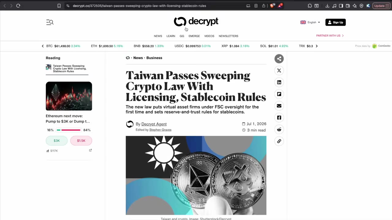 Тайвань принимает революционный закон о криптовалютах